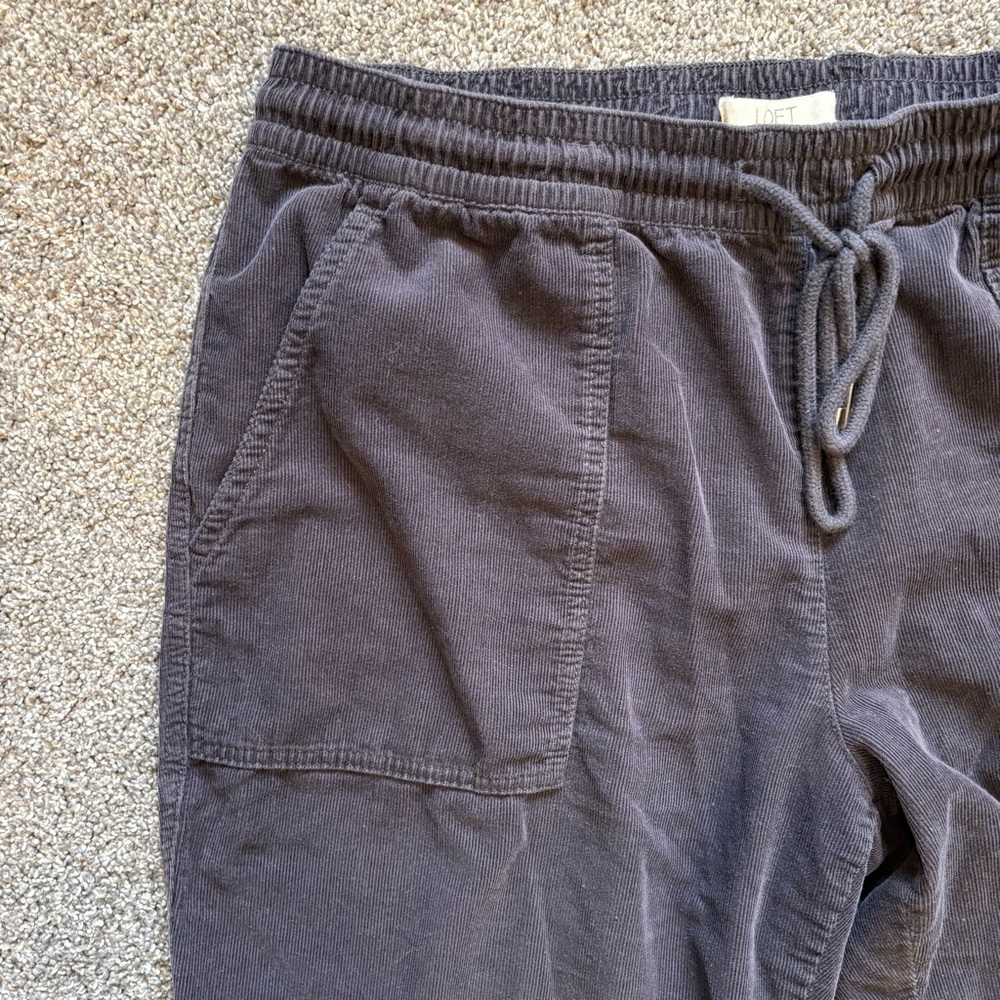 Loft Dark Gray Corduroy Wide Straight Leg Cropped Pants Drawstring Large - Picture 3 of 6